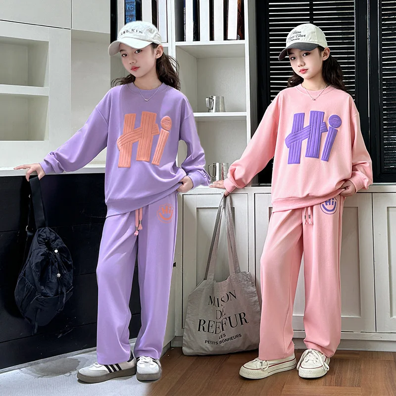 الخريف الفتيات طباعة مجموعات 2025 ربيع جديد الاطفال مقنعين سترة السراويل 2 قطعة ملابس رياضية في سن المراهقة الدعاوى الأطفال رياضية الزي #2