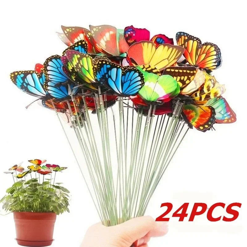 24Pcs Artificial Butterfly Stakes Simulation Butterfly Ornaments Home Garden Yard Lawn Wedding Decor