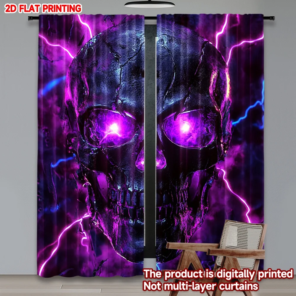 Gothic Glowing Skull and Spooky Bone Art Pattern Two-Panel Rod Pocket Window Curtains Dark Horror Home Decor
