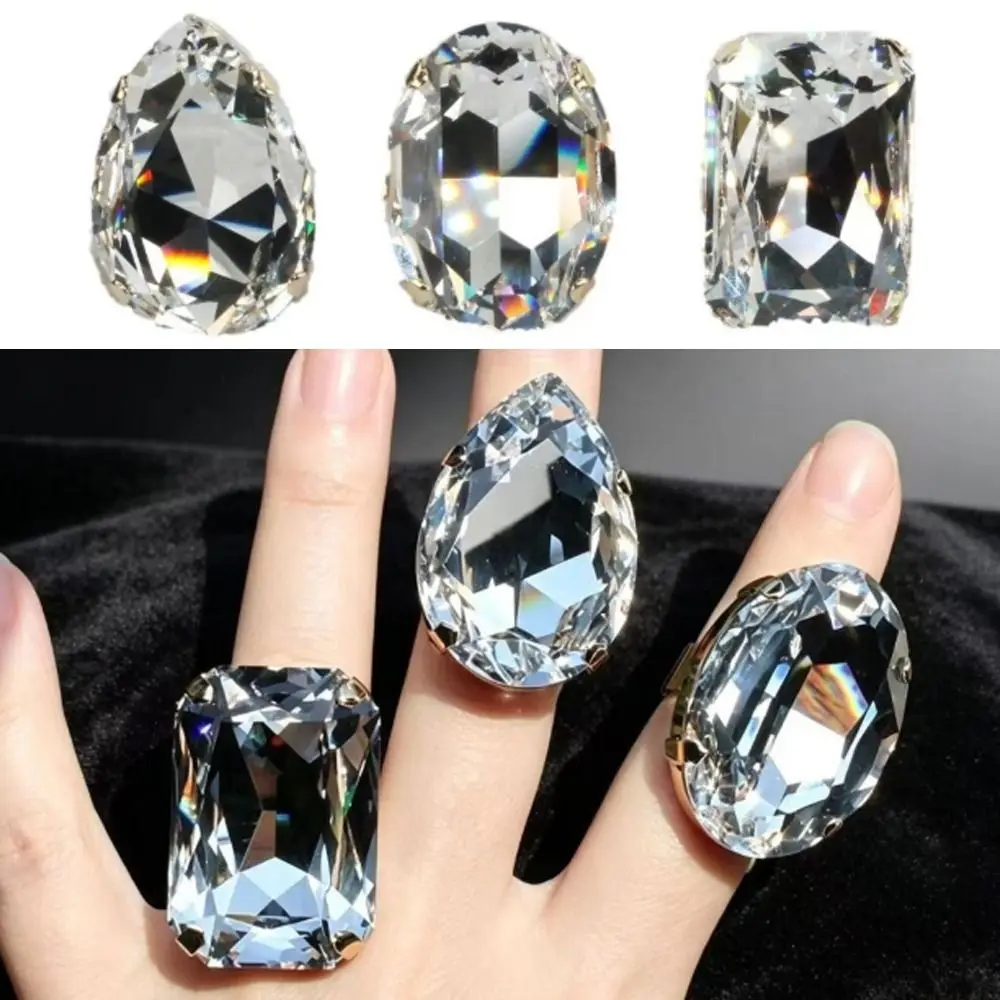 3PCs Square Shape Square Rhinestone Ring Rhinestone Crystal Large Size Adjustable Crystal Ring Exaggerated Giant Adjustable Size