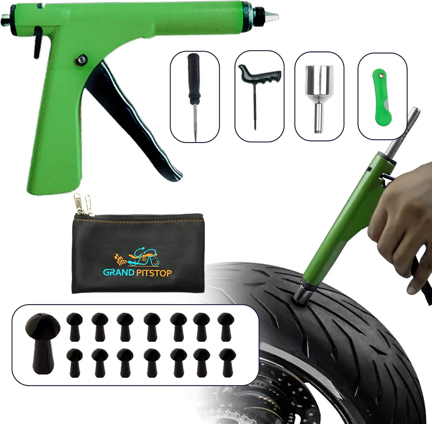 

Tubeless Tire Gun Puncture Repair Kit with Mushroom Plugs for Cars, Motorcycles, ATV, Trucks & Tractors (15 Plugs)