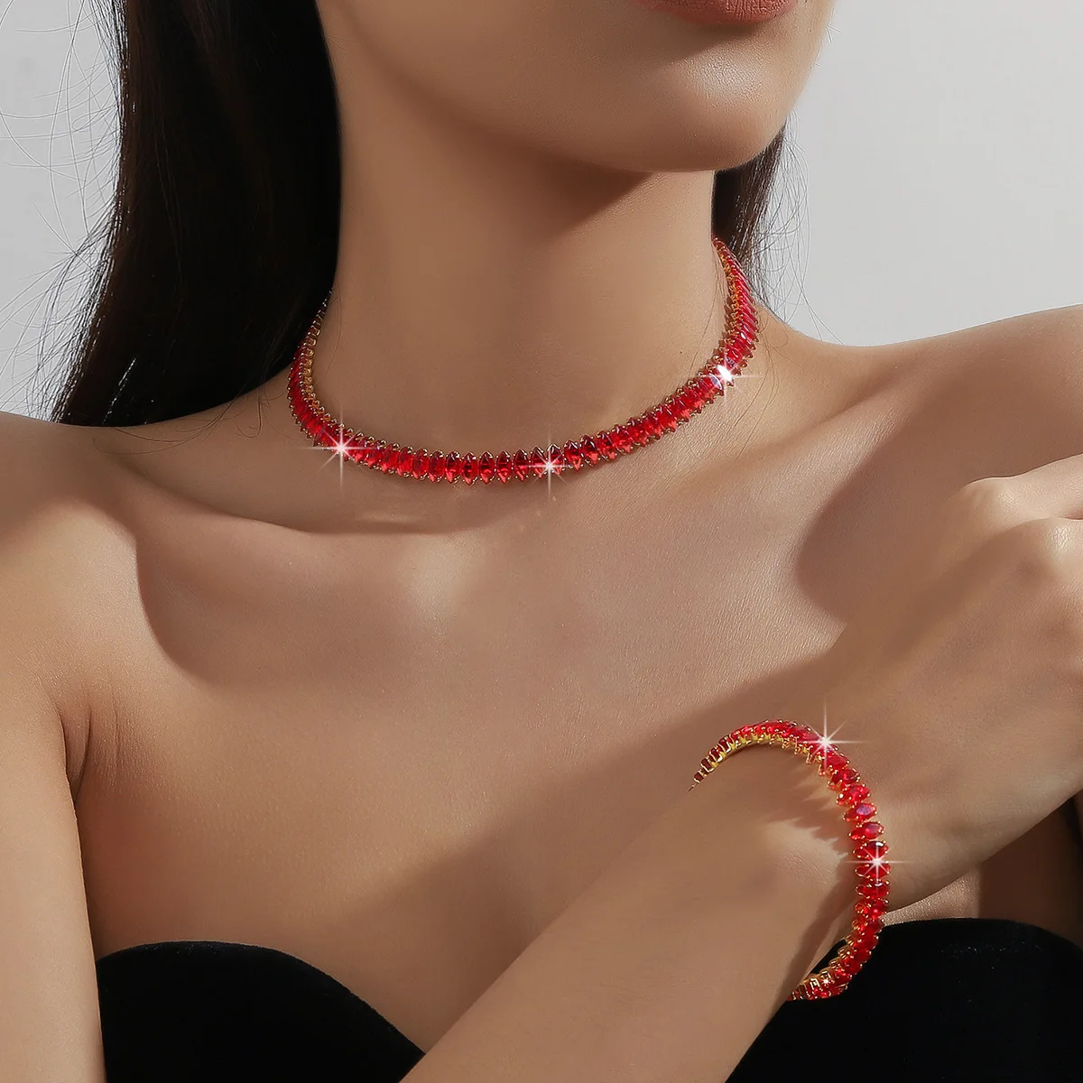 FYUAN Luxury Black Green Silver Color Choker Necklaces for Women Geometric Zircon Torques Bracelet Party Weddings Jewelry Sets