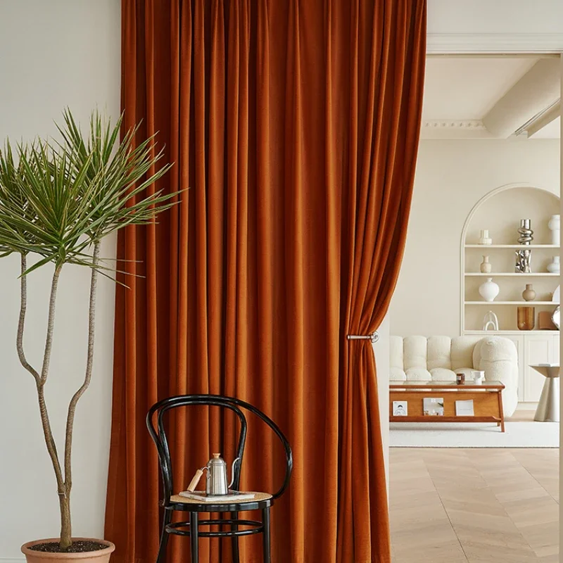 Retro Luxury Caramel Orange Window Curtain  Hanging Swan Velvet Curtains Warm Elegant Smooth Curtains for Bedroom Decoration