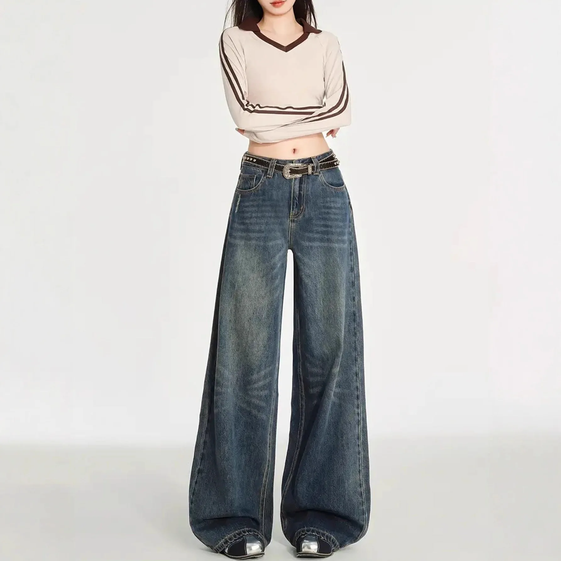 

Темно-синие широкие джинсы. Новые женские свободные прямые брюки с высокой талией.