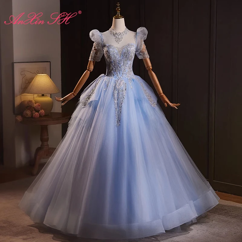 AnXin SH vintage princess blue lace o neck beading crystal short puff sleeves stage ball gown lace up customized evening dress