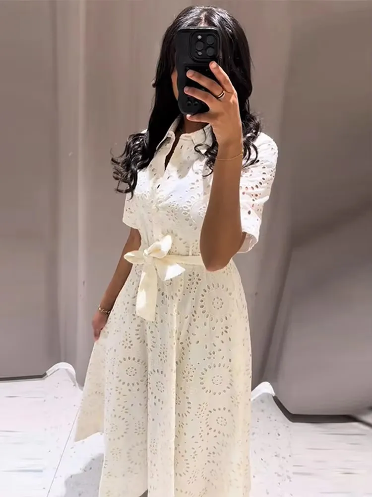 

Embroidery Hollow Long Dress Women 2025 New Summer Elegant White Turndown Collar Short Sleeve Loose Dresses Chic Casual Dress