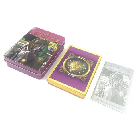 Cartes Oracle Romance Angels dans une boîte en fer blanc en métal, jeux de société 10cm x 6cm, cartes Edge plaquées or et vert avec manuel en papier