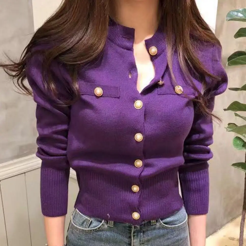 Stand Collar Cardigan Sweater Decorative Pockets Women Faux Buttons Solid Color Knitted Coat Outerwear