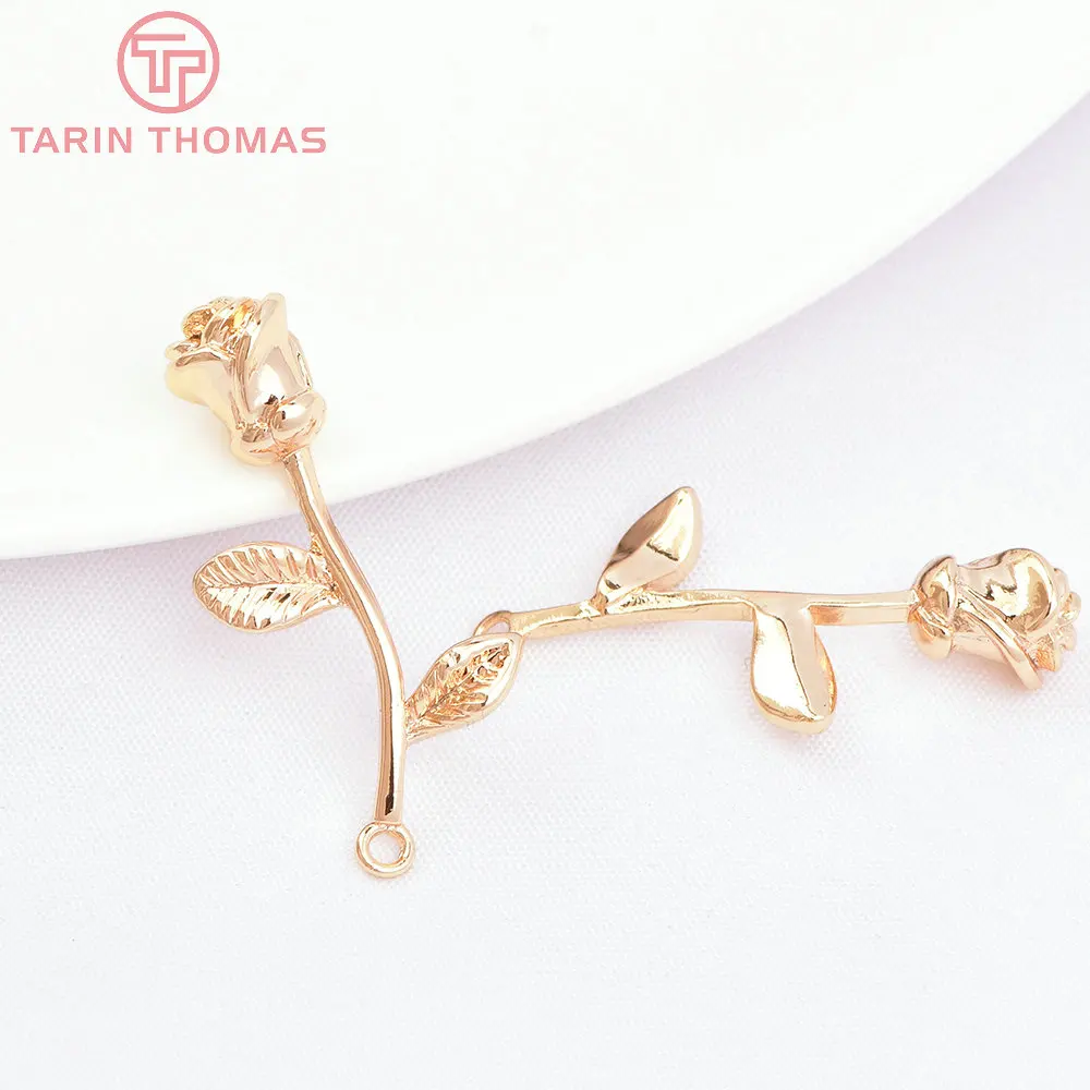 (1370)4PCS 10x25MM 24K Gold Color Brass Rose Flower Branch Pendants Charms High Quality DIY Jewelry Findings Accessoriess