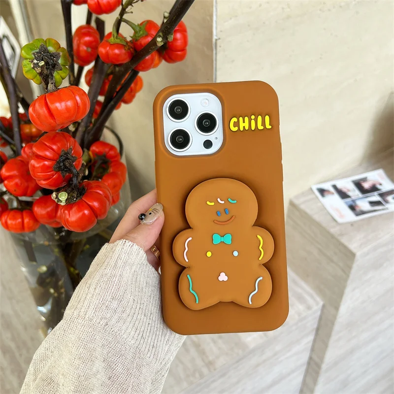 For iPhone 16 Pro Max Cartoon Gingerbread man Fold bracket Silicone Soft Case For iPhone 15 14 12 13 Pro Max 15P Cute Phone Case