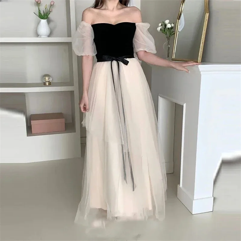

ML Contrast Color Korean Evening Dresses Customized Elegant Short Sleeves Formal Occasion Gown Party Dress Women Prom Dresses