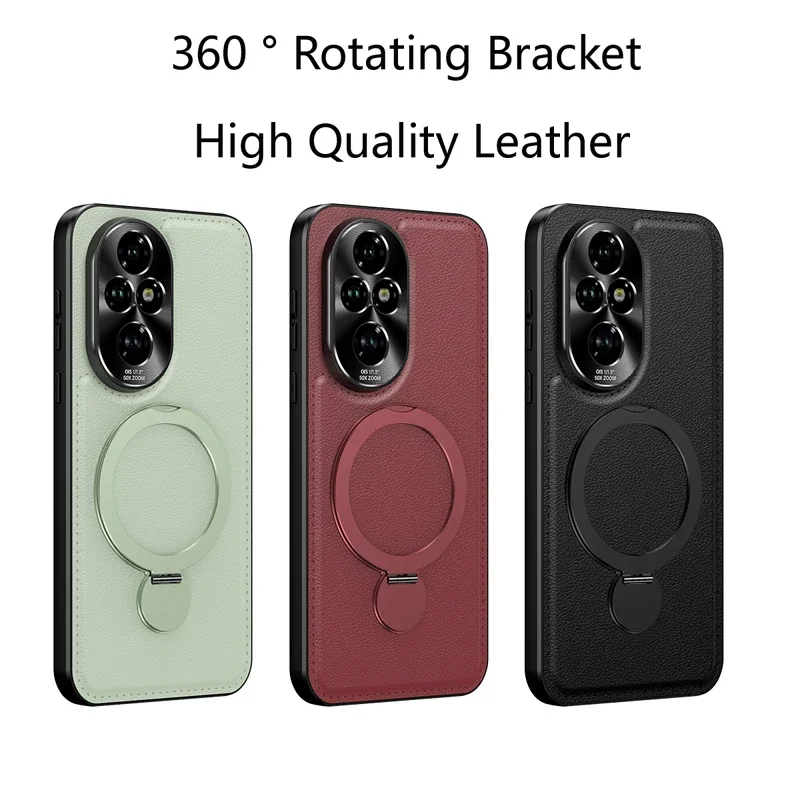 

Leather Back Cover Phone Case for Honor 200 Pro Wireless Charging Metal Bracket Full Lens Protection Soft Silicone Soft Cases