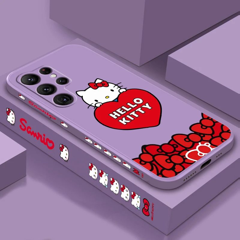 Sanrio Hello Kitty Cartoon Red Liquid Left Rope For Samsung Galaxy S24 S23 S22 S21 S20 FE S10 Ultra Plus Lite 5G TPU Phone Case