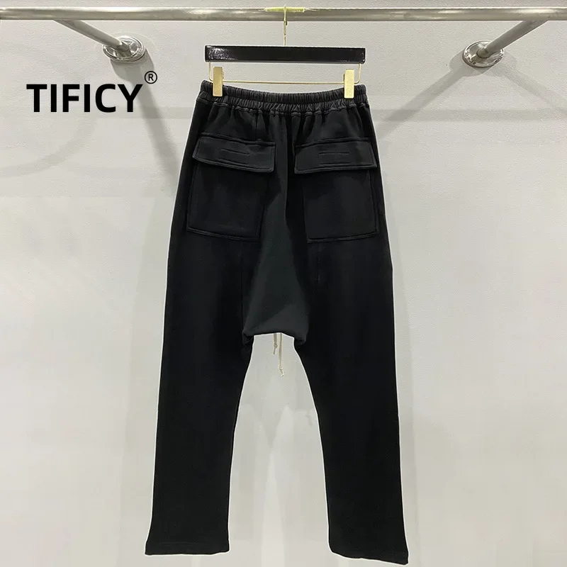 TIFICY Cotton Men's Thick Loose Hanging Guard Pants Dark Oversized Casual Pants European and American Hip-hop Sports Pants