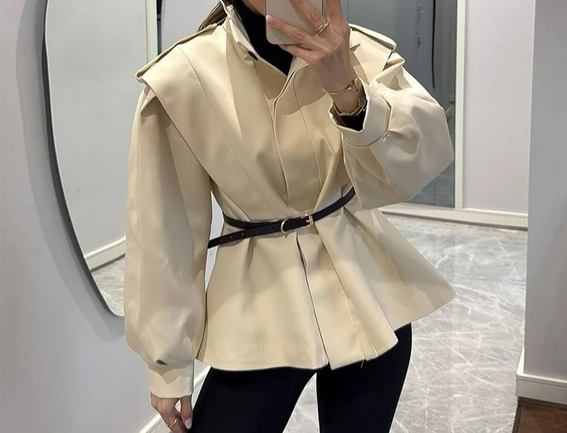 Women's Clothing 2025 Autumn New Collection Stand Up Collar Design Slim Fit and Irregular Short Windbreaker Jacket