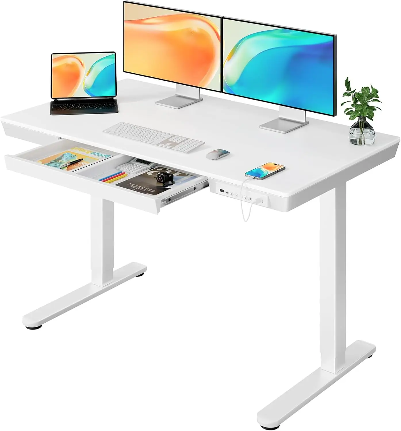 

Standing Desk with Drawer 48x24 inch One Piece Top Height Adjustable Desk Electric Standing Desk with Charging Ports