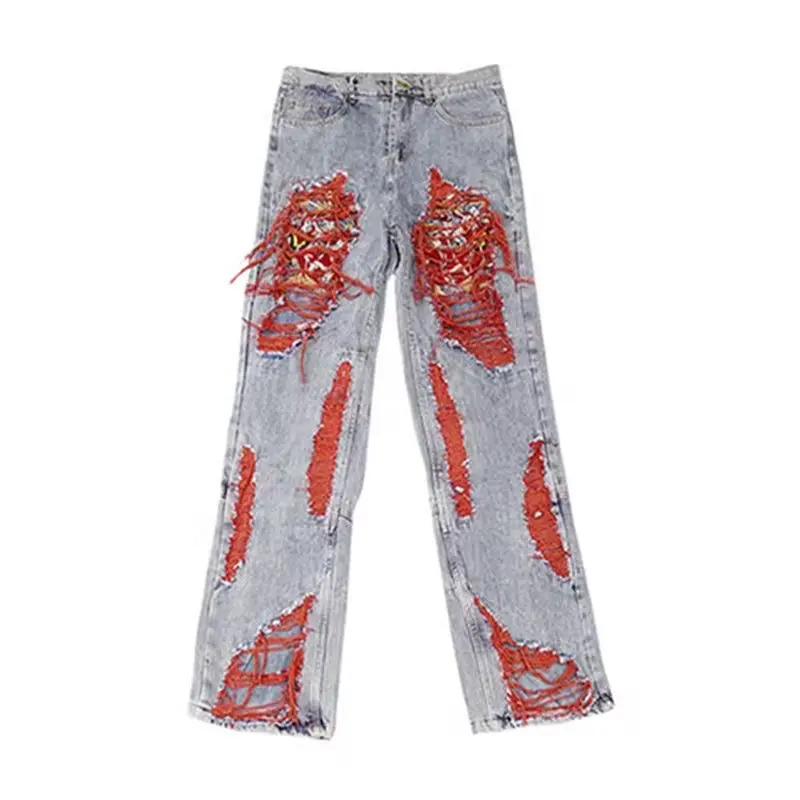 Retro Y2k Baggy Pants red Ripped Jeans Women Streetwear High Waist Gradient Color Fashion Casual Mopping Trousers y2k jeans