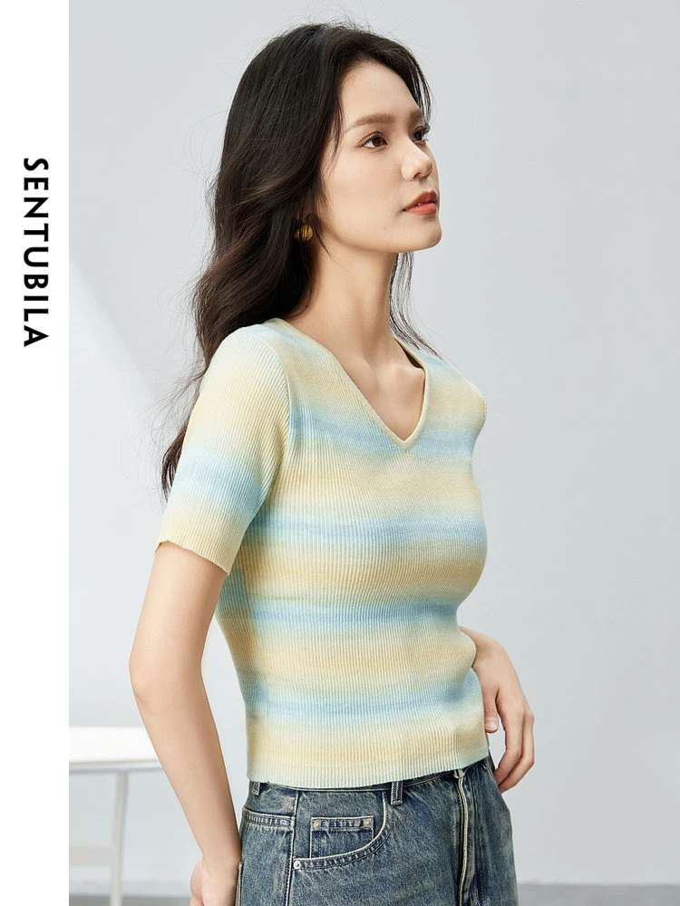 SENTUBILA Gradient Striped V-neck Knitted Pullovers 2024 Summer Comfort Soft Knitwear Casual Simple Short Sleeve Tops W42H54919