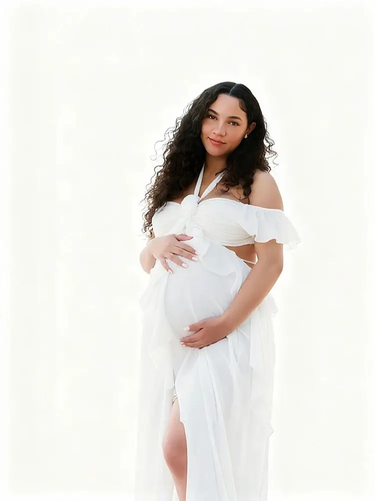 elegant-white-ruffle-maternity-photoshoot-dress-halter-neck-cutout-maxi-gown-pregnancy-photography-outfit-baby-shower-photo-wear