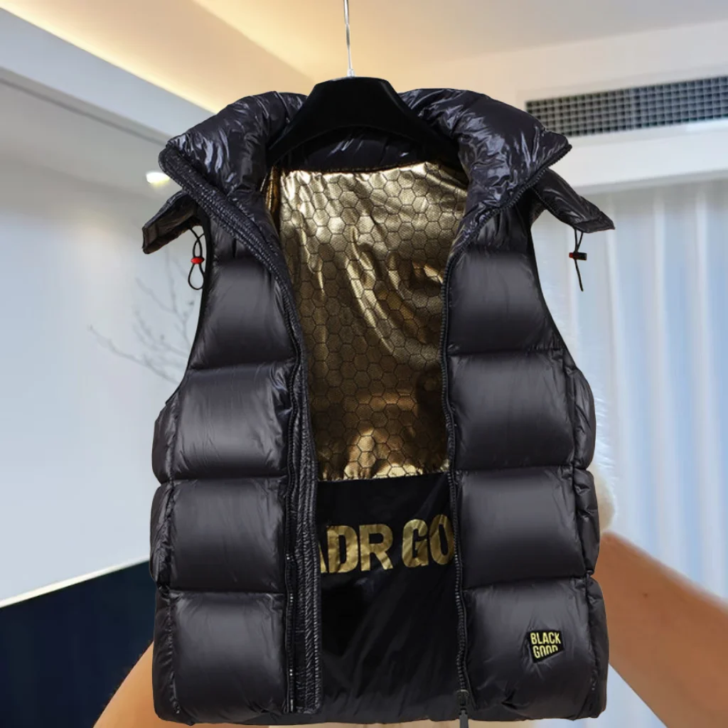 

Женский утепленный зимний хлопковый жилет с капюшоном, большие размеры, модный, черный, с золотыми перьями, хлопковый жилет