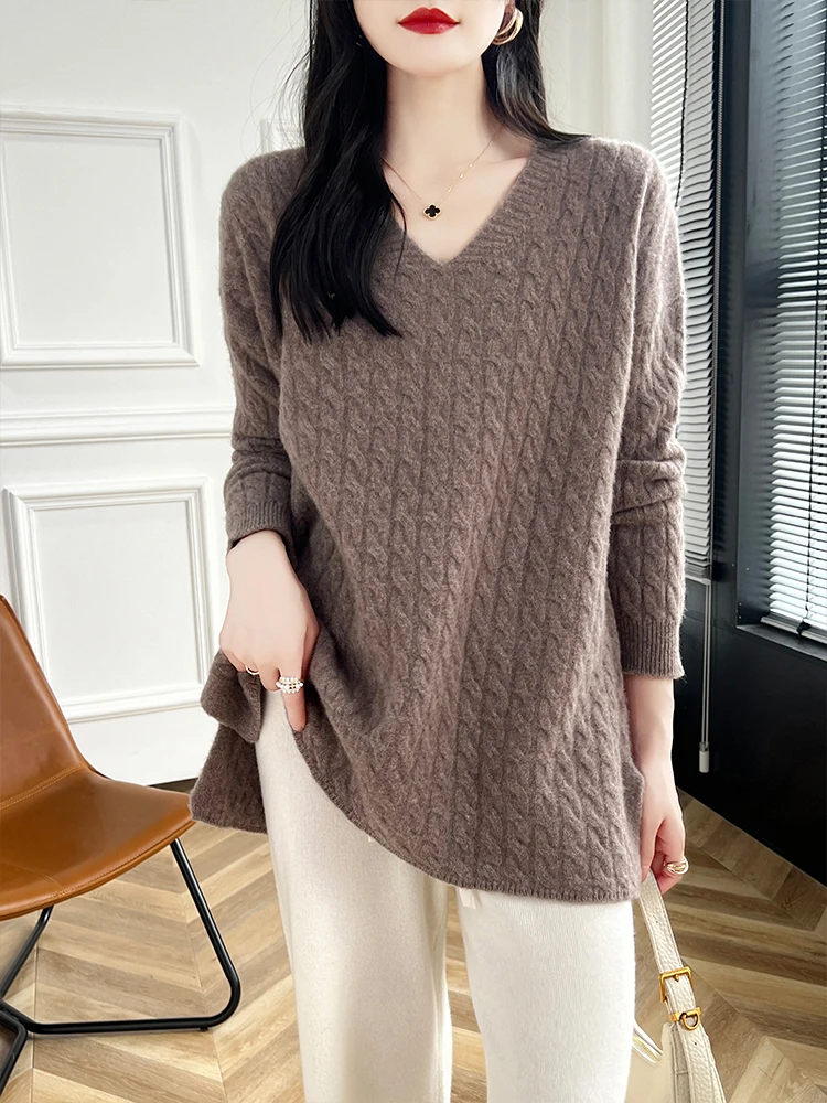 

Autumn Winter Women Cashmere Sweater V-Neck Mid-Length Pullover 100% Merino Wool Knitwear Soft Twist Flower Casual Loose New Top