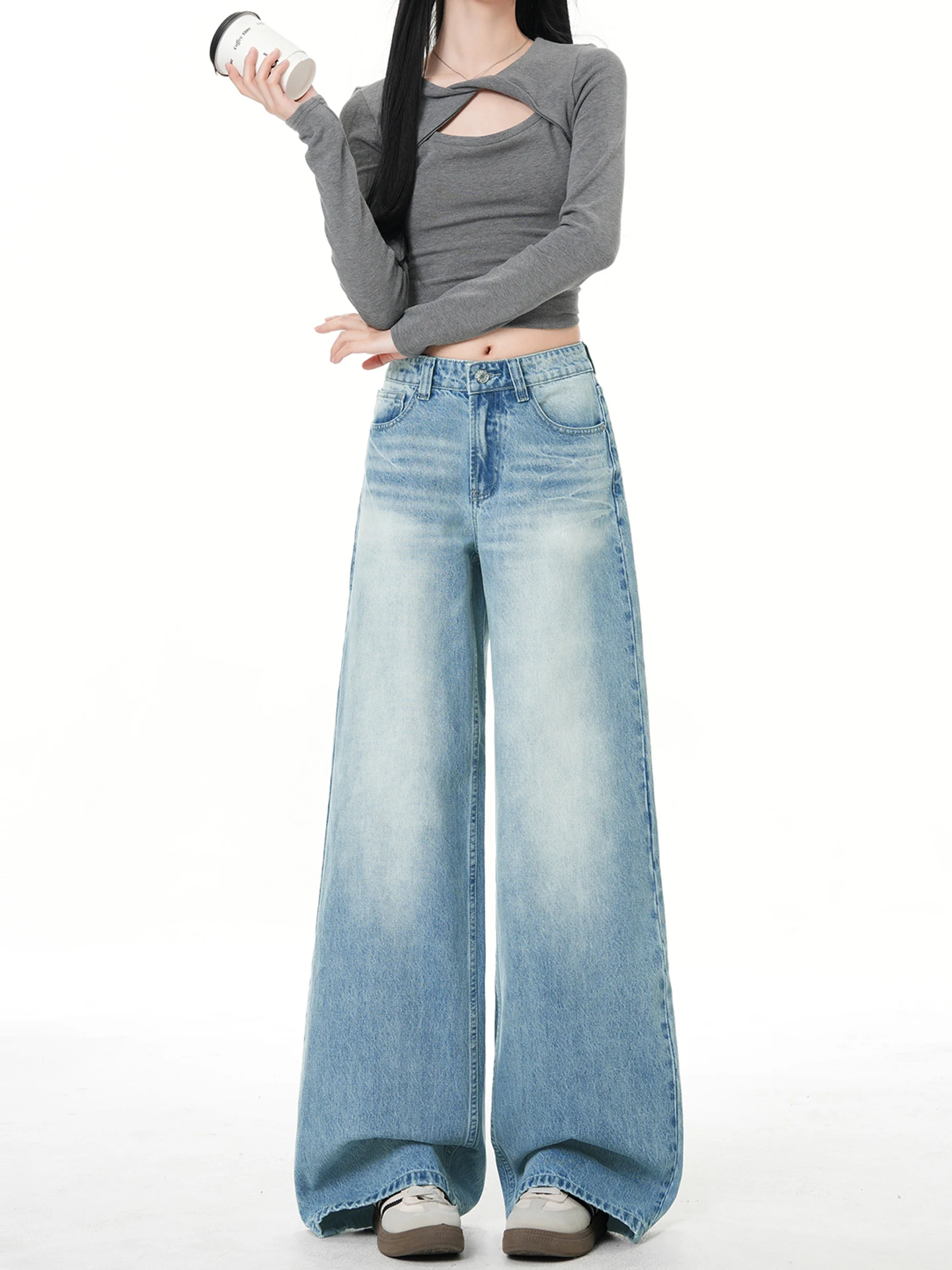 

Американские ретро-джинсы с широкими штанинами для женщин, весна-осень, свободные, стройнящие, длиной до пола, светлые, с эффектом облегающего силуэта