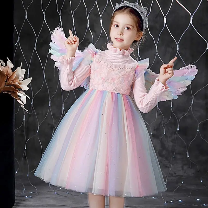 

Girls Rainbow Unicorn Wings Sweater Fleece-Lined Baby Angel Princess Elsa Birthday Dress