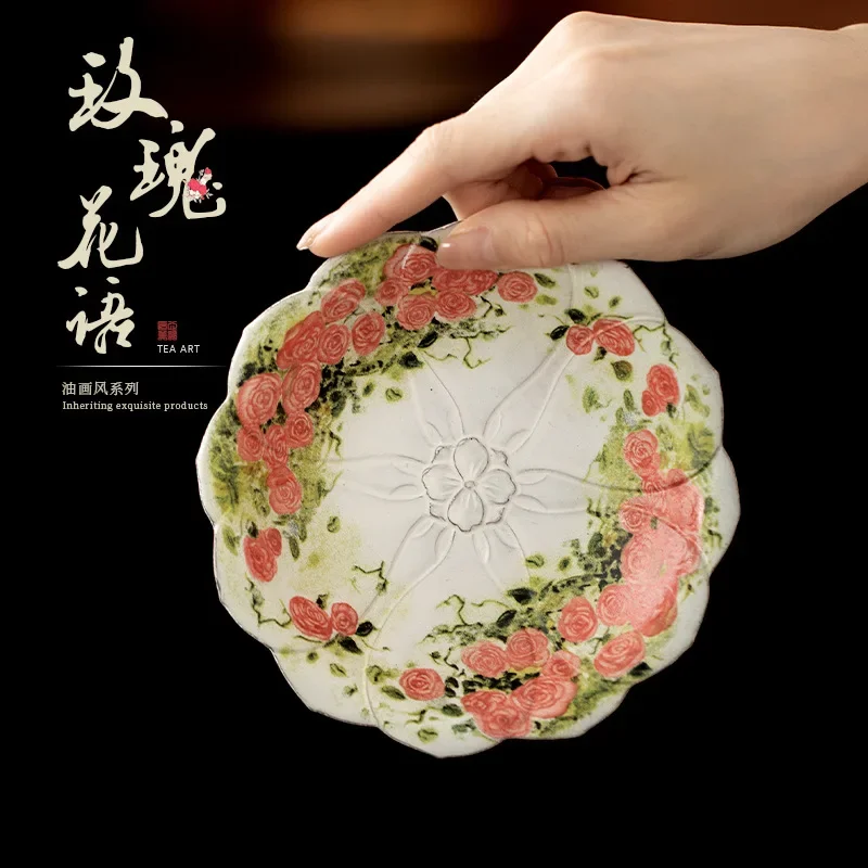 Rose Flower Language Lace Pot Bearing Chinese Retro Oil Painting Air Dry Bubble Tray Heat Insulation Pad Ceramic Tea Point Tray