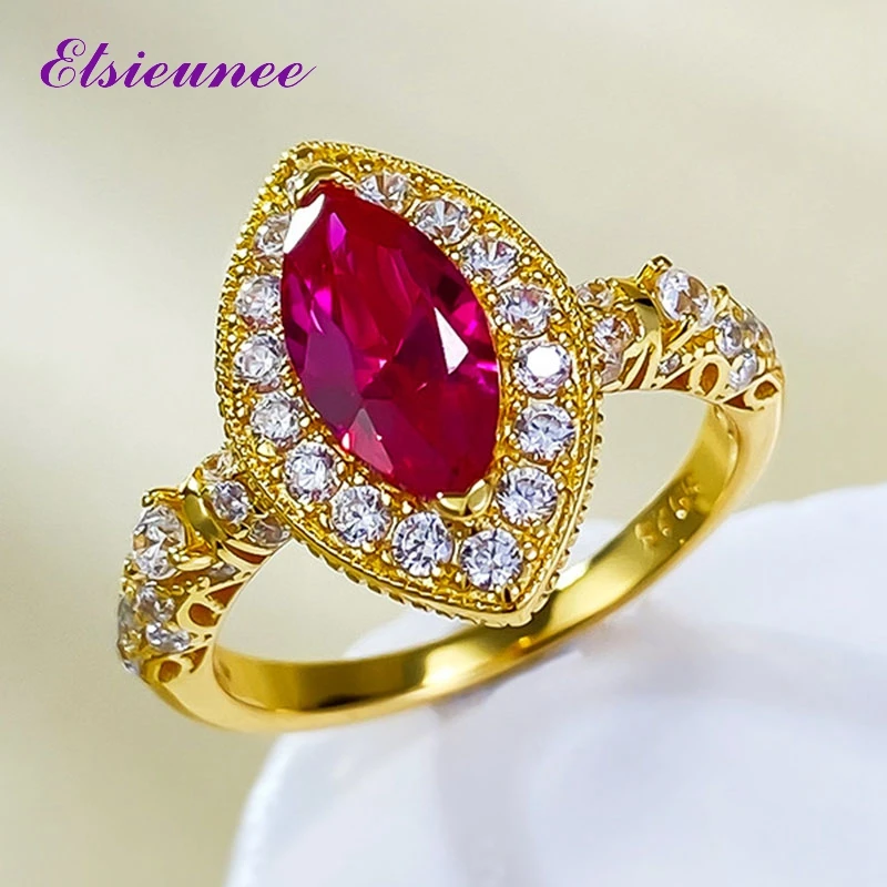 

ELSIEUNEE 100% 925 Sterling Silver Marquise Cut 5*10MM Ruby Gemstone Ring for Women 18k Gold Plated Wedding Party Fine Jewelry