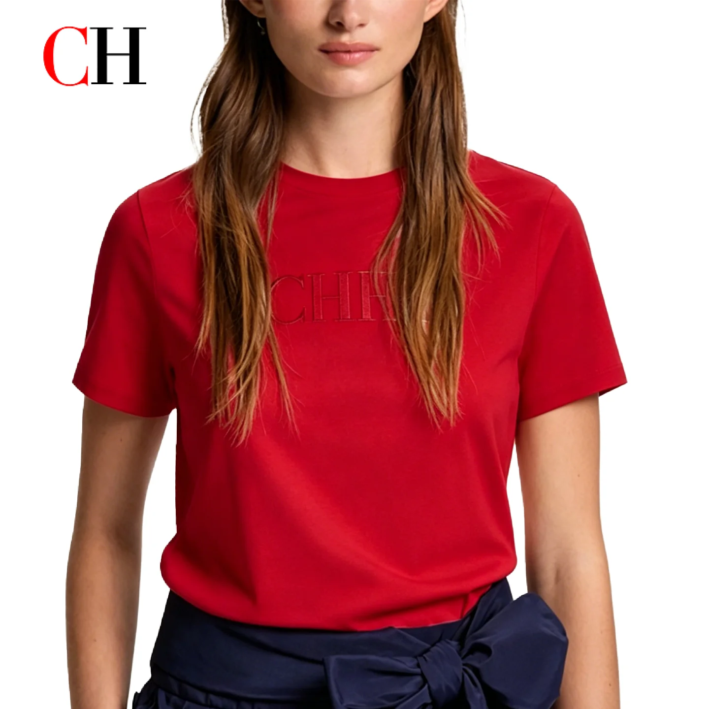 

CH Women Red Cotton T-Shirt Embroidered Logo Casual Short Sleeve Top For Summer Daily Wear And Office