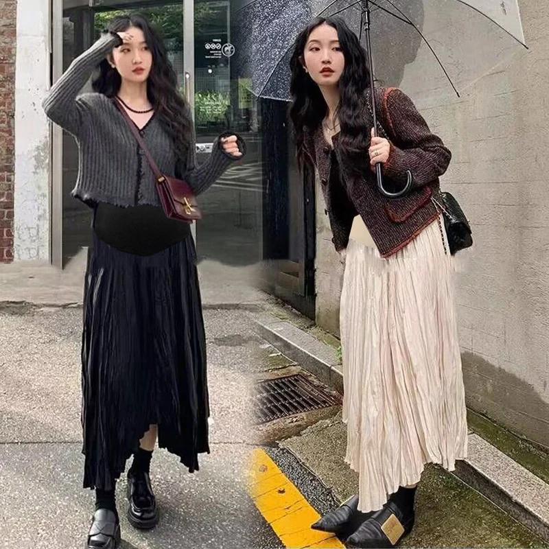 2024 Spring Pregnant Woman Skirts Solid Color Fashion Maternity Pleated Skirt Irregular High Waist Pregnancy Belly Skirt Loose