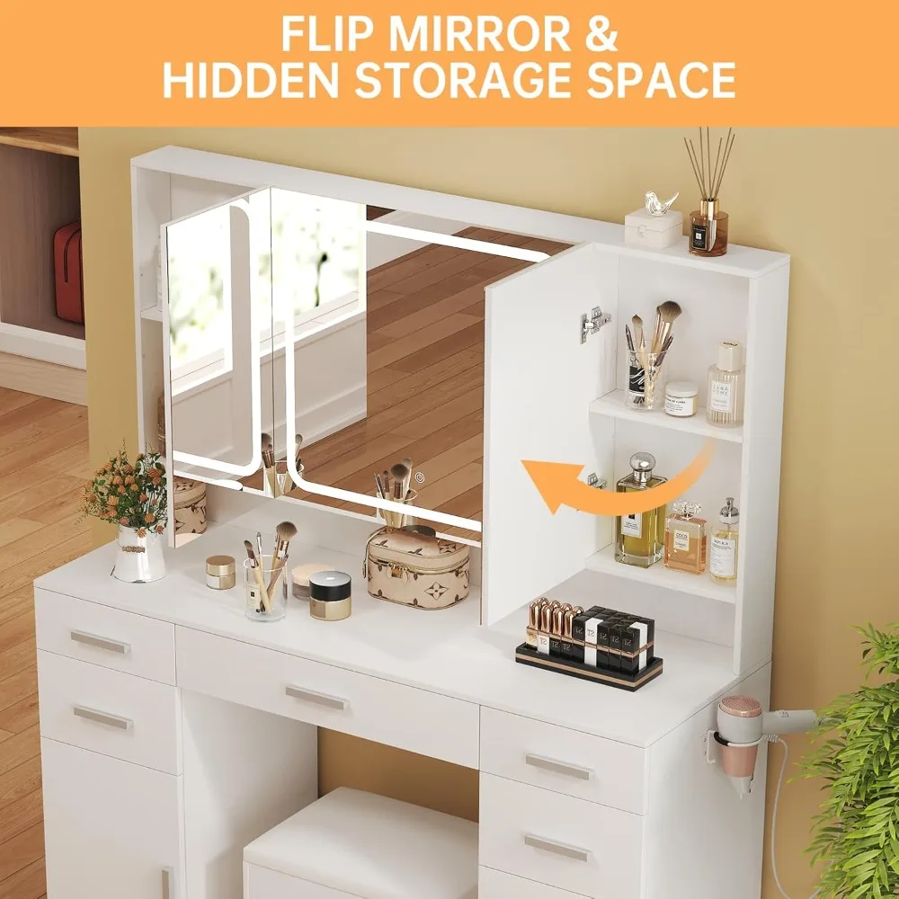 مكتب زينة مكياج مضيء مع مساحة تخزين ذات 9 أدراج ومرآة ثلاثية الطي ثلاثية الألوان