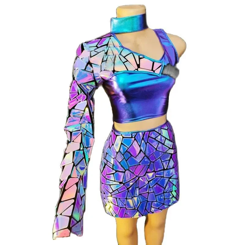 Mirror Purple Blue Laser Vest Mini Skirt Dance Costume Bar Nightclub DJ Gogo Dancer Sexy Stage Wear Club Party Festival Clothing