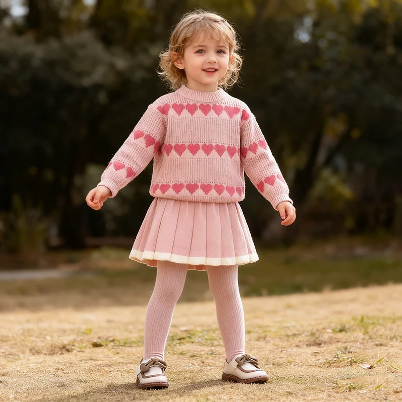Zestaw ubranek dla dzieci na wiosnę 2026, dla dziewczynek w wieku 2-6 lat, dzianinowy komplet: sweter z długim rękawem + krótka spódniczka