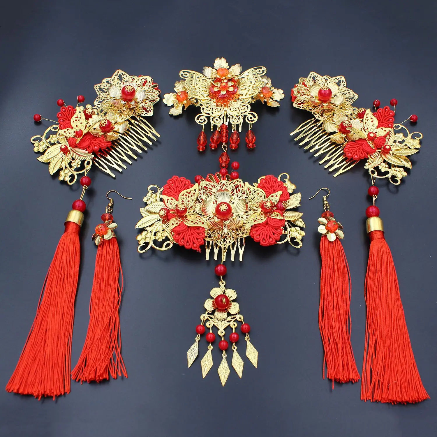 Chinese Handmade Bride Headdress Costume Coronet Tassel Wedding Hair Accessories