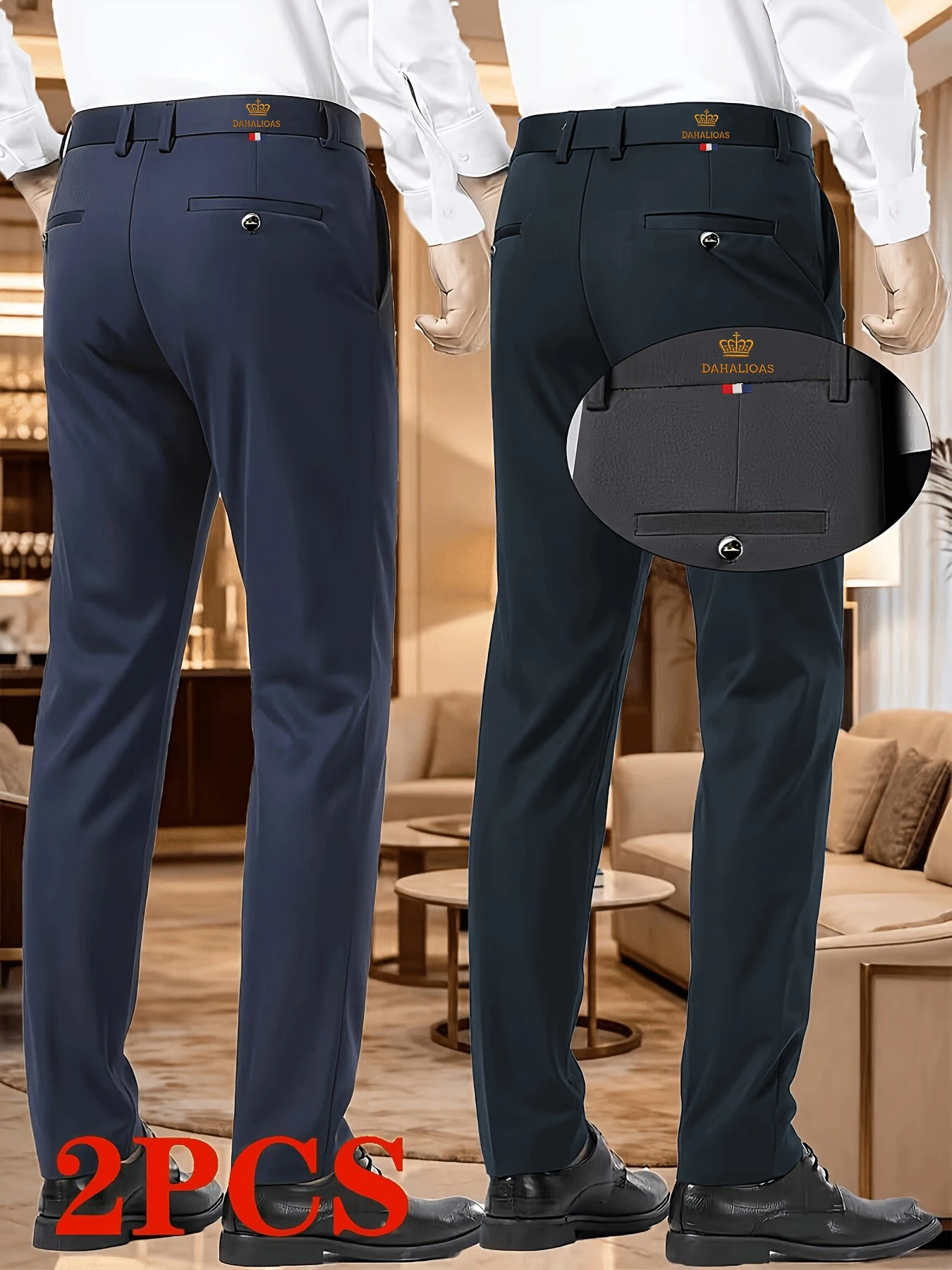 Men's 2-Piece Business Casual Embroidered Straight Pants Autumn Soft Formal Trousers for Office Commute Daily Wear