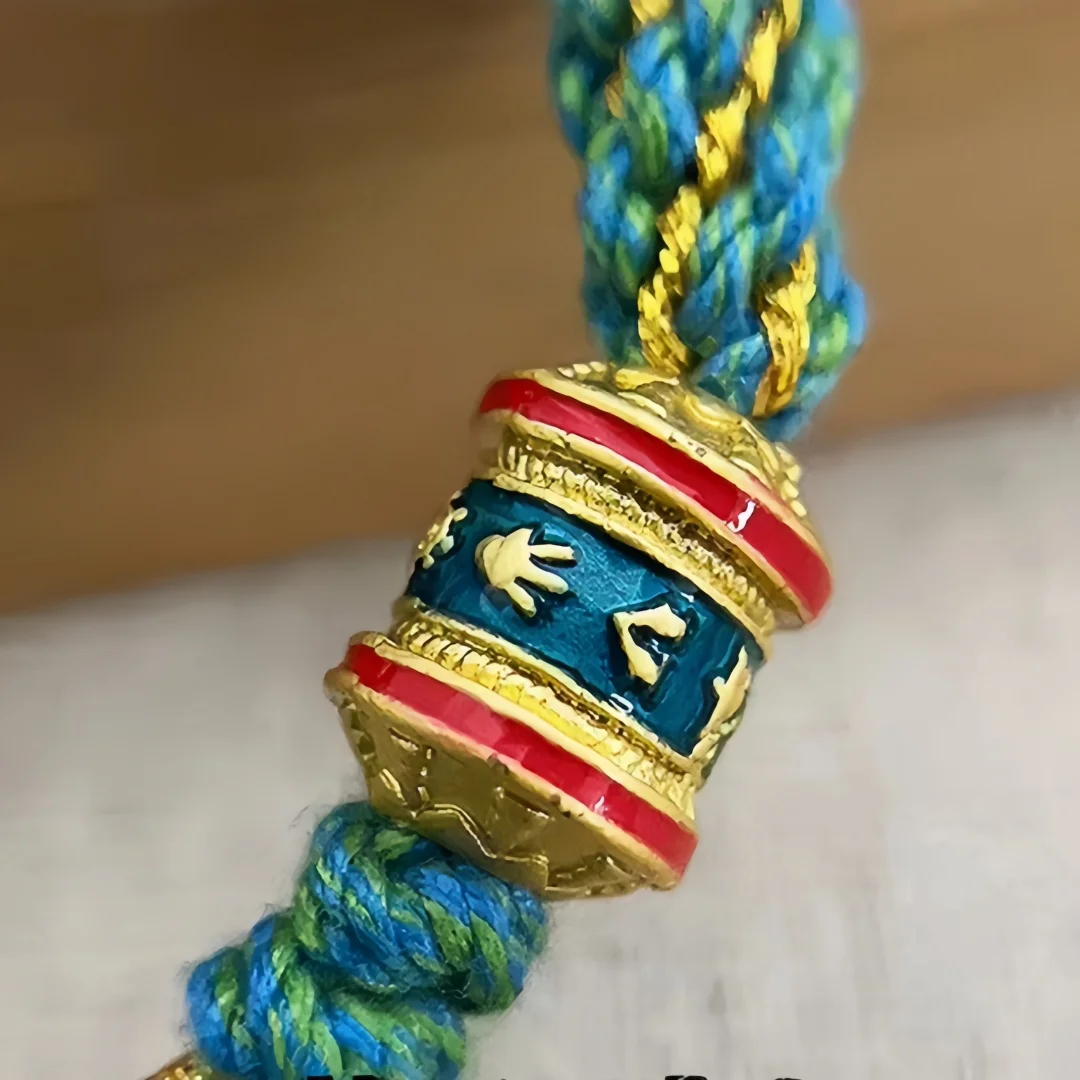 Tibetan Brass Hand Painted Green Tara Thangka Prayer Wheel Bracelet Handmade Braided Amulet Accessory