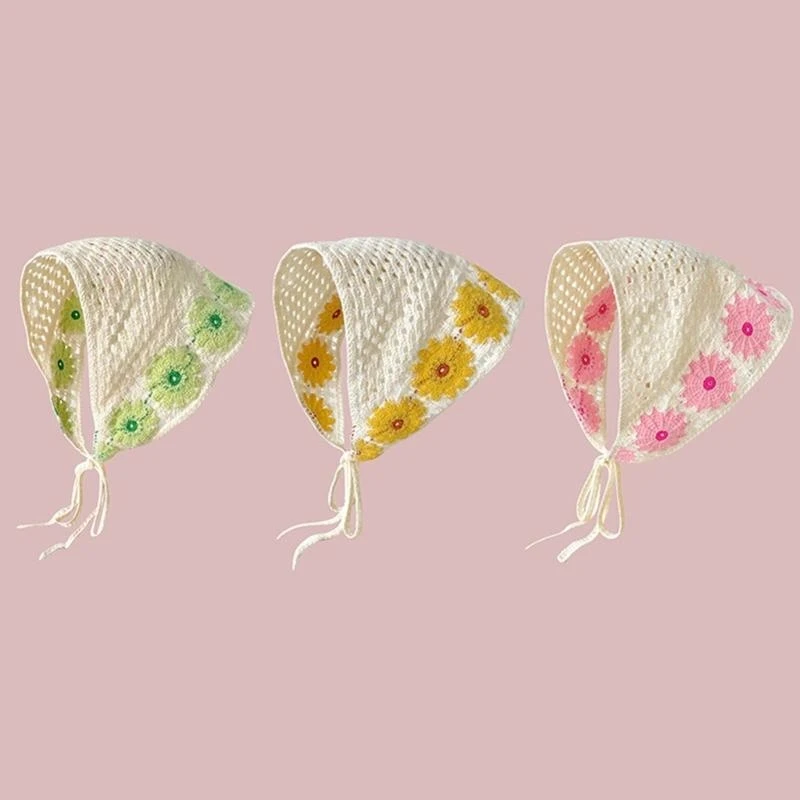 Vintage Women Flower Hairband Knitted Triangle Scarf Sweet Elastic Hairbands Summer Travel Taking Photo Hair Accessories