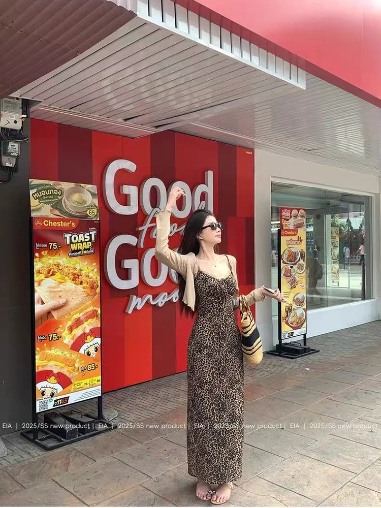 فستان كاميس عتيق بطبعة الفهد فستان نسائي صيفي مثير بحمالات رفيعة فستان ميدي ضيق Y2K مزين بالدانتيل وأربطة ليلية