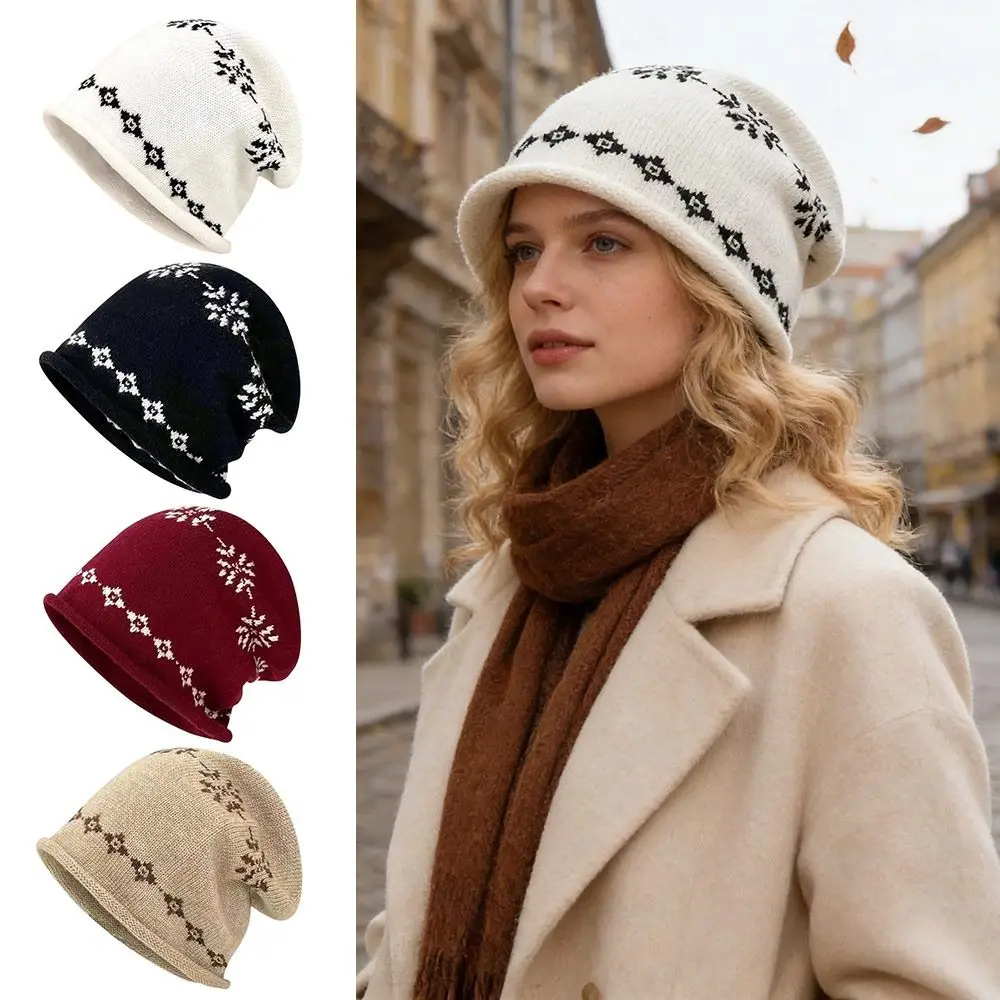 Seasonal Warmth Knitted Hat Fair Isle Jacquard Weave Beanies Hat Curled Edge Warm Ear Protection Hat Autumn Winter Season