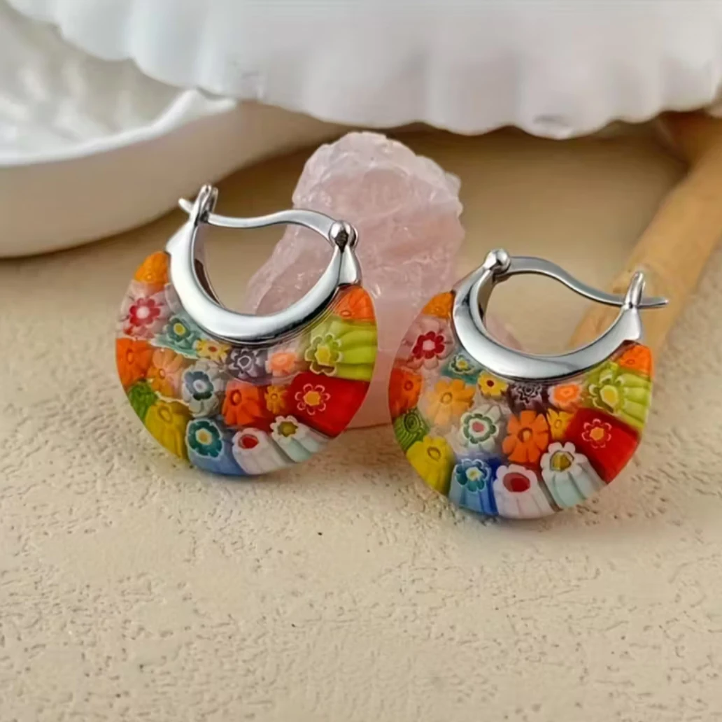 Colorful Murano Style Millefiori Glass Hoop Earrings for Women Trendy – Floral Statement Hoops, Stainless Steel Flower Jewelry