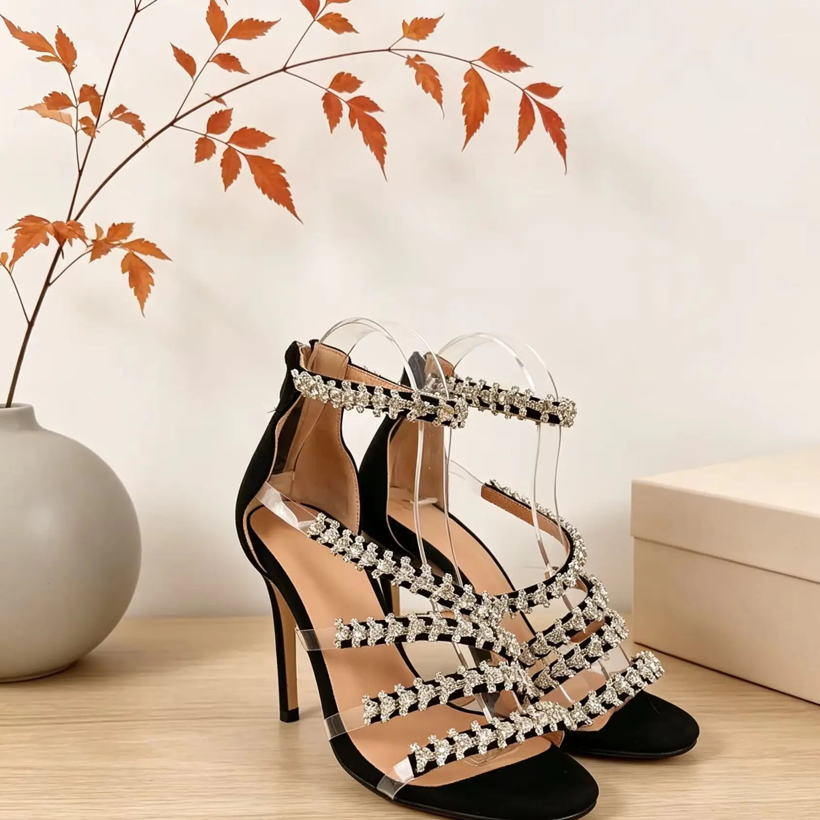 Suede Rhinestone Women Heels Pumps Thin Stiletto Ankle Zip Multi-strap Sandals Summer Elegant Wedding Black Party Lady Shoes