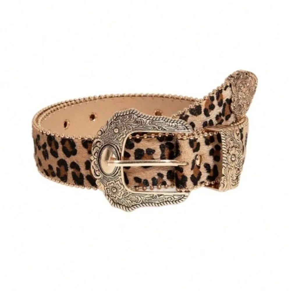 1 Piece of Leopard Print Retro Palace Style Gold Metal Carved Buckle PU Belt