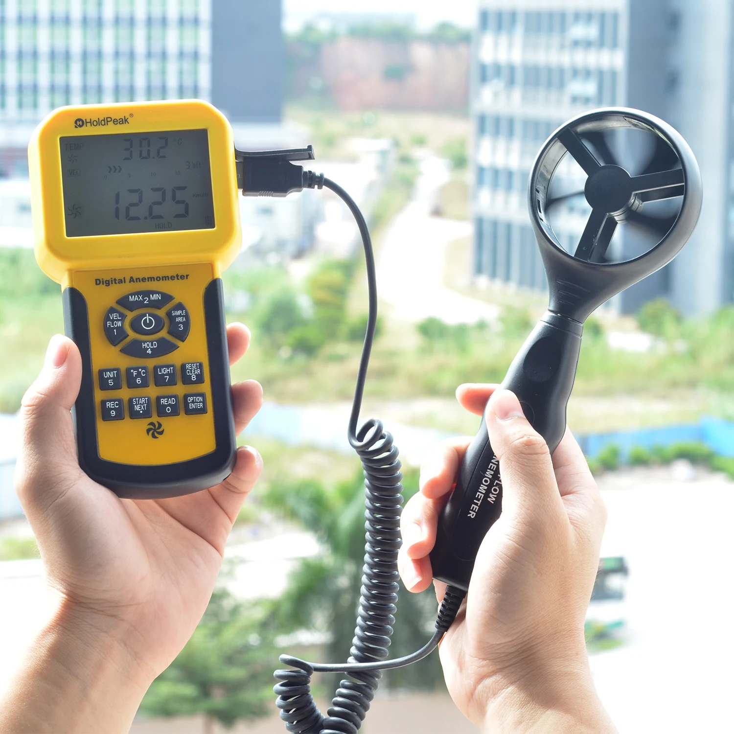 

Digital Air Flow Anemometer Handheld CFM CMM Wind Speed Meter LCD Backlight USB Connect 600 Data Storage HVAC Duct Wind Gauge