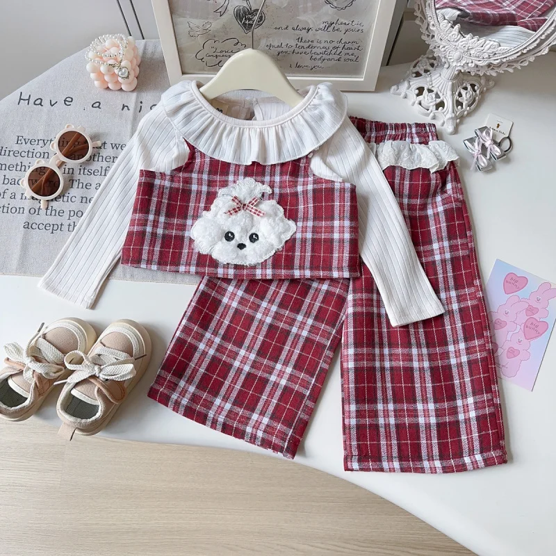

Girls' Autumn Outfit Set New Fashionable Stylish Plaid Vest Base Shirt Long Pants Three-Piece Set Wholesale