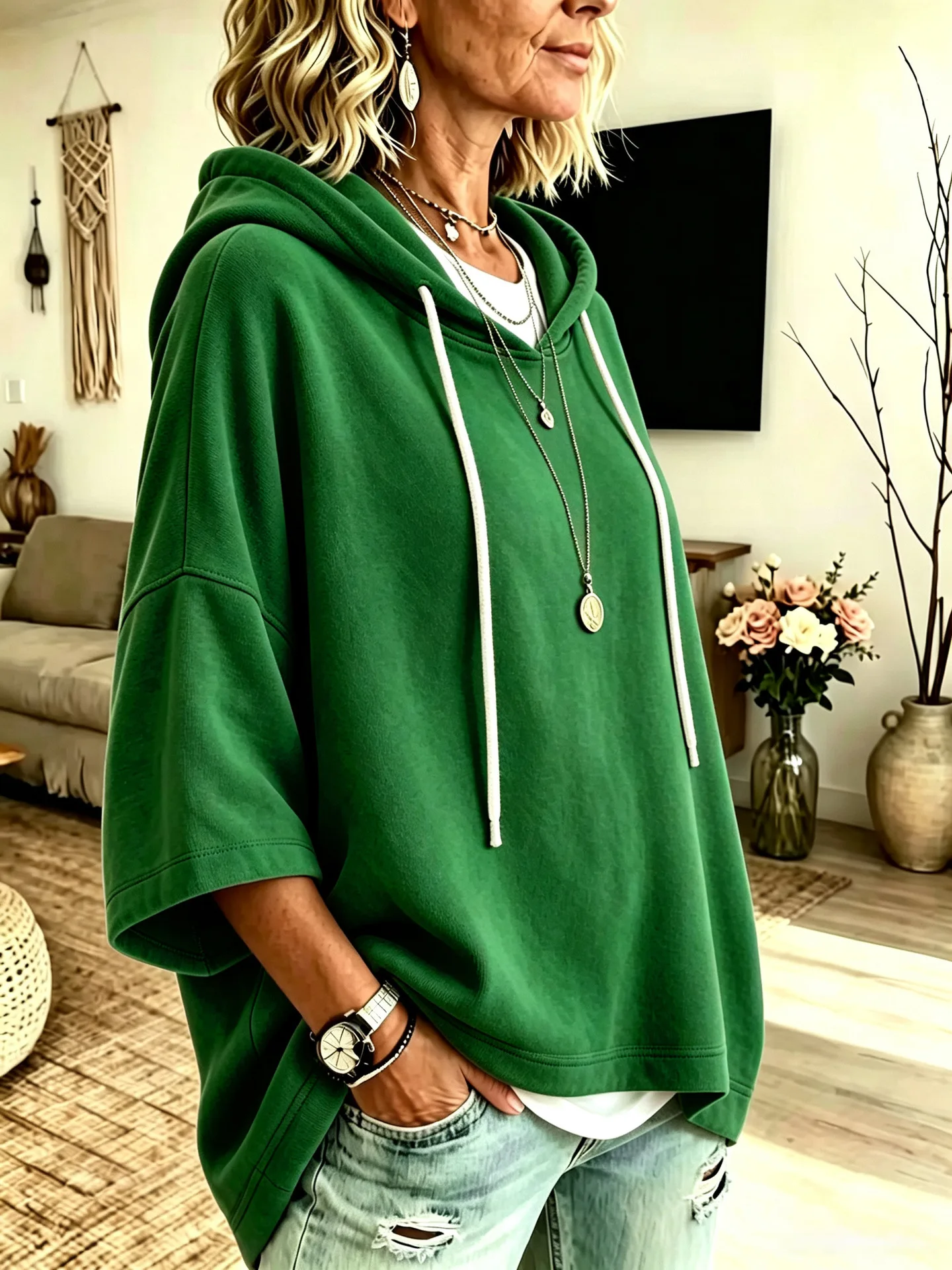 Einfarbiger Damen-Hoodie mit 3/4-Ärmeln, Lässiger Lockerer Pullover für Herbst und Winter – Detail 24