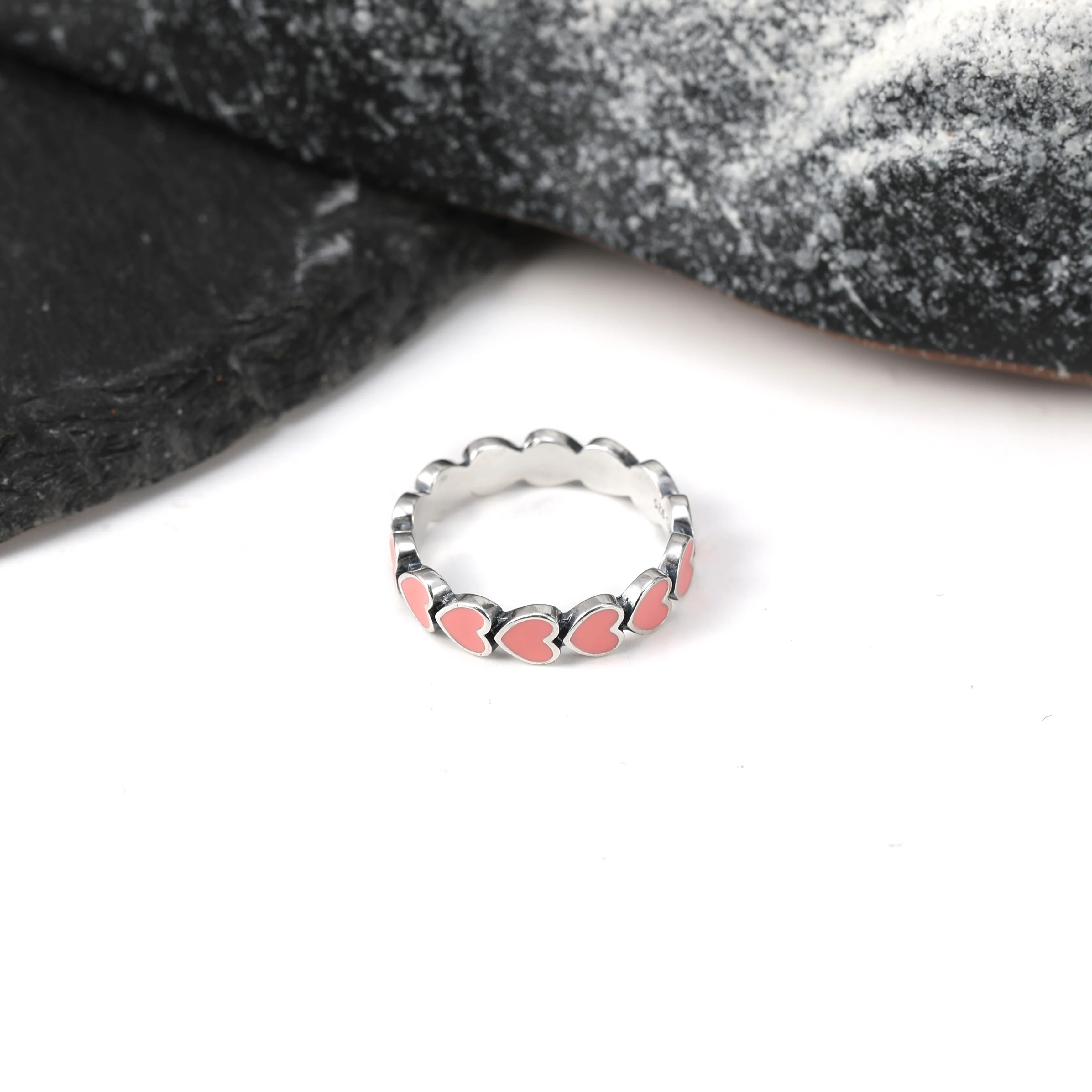 

R021P genuine 925 sterling silver exquisite Enamel Connected Hearts Ring