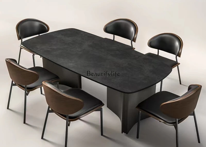 

Italian minimalist modern black rock slab dining table rectangular retro wabi-sabi style