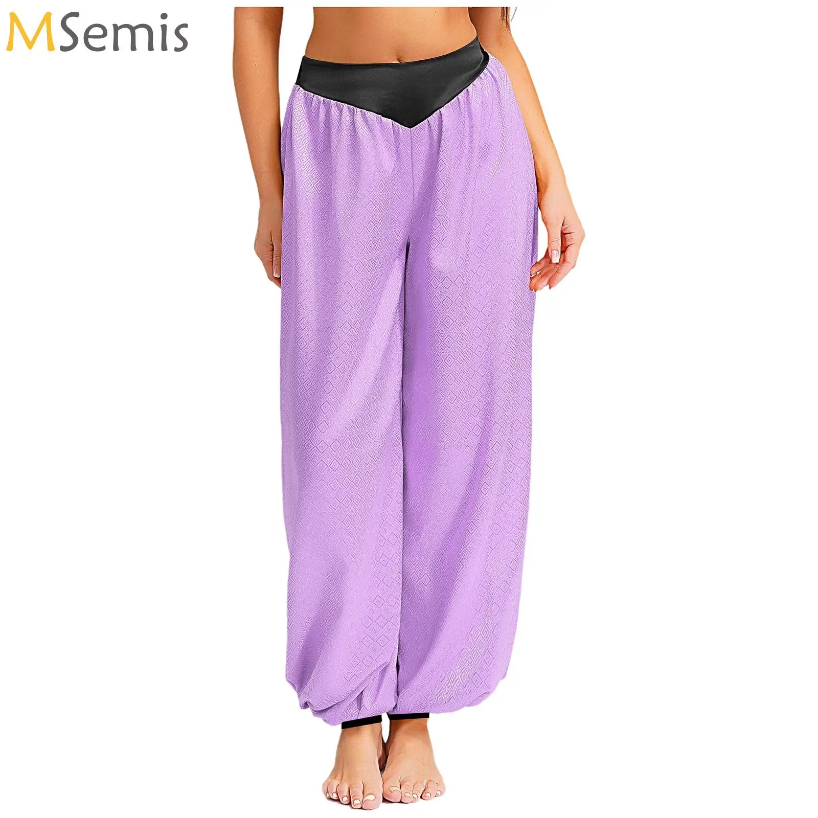 

Long Jacquard Belly Dance Harem Pants Arab Princess Gypsy Tribal Arabic Halloween Pants Contrast Color Waist Women Dancing Pants