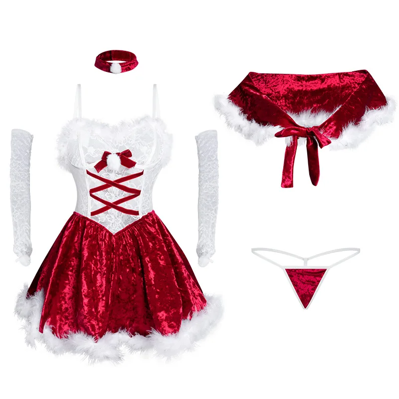 Christmas Party Plush Velvet Uniform with Cloak Cosplay Costume Lace Red New Year Dress Girls Underwear Princess Roleplay Outfit